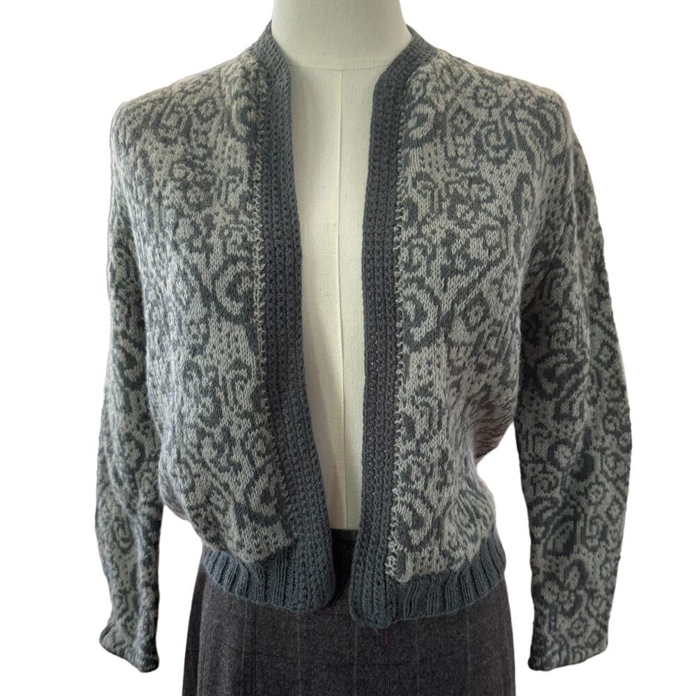 Vintage OOAK hand knit open front cardigan in gray & cream medium